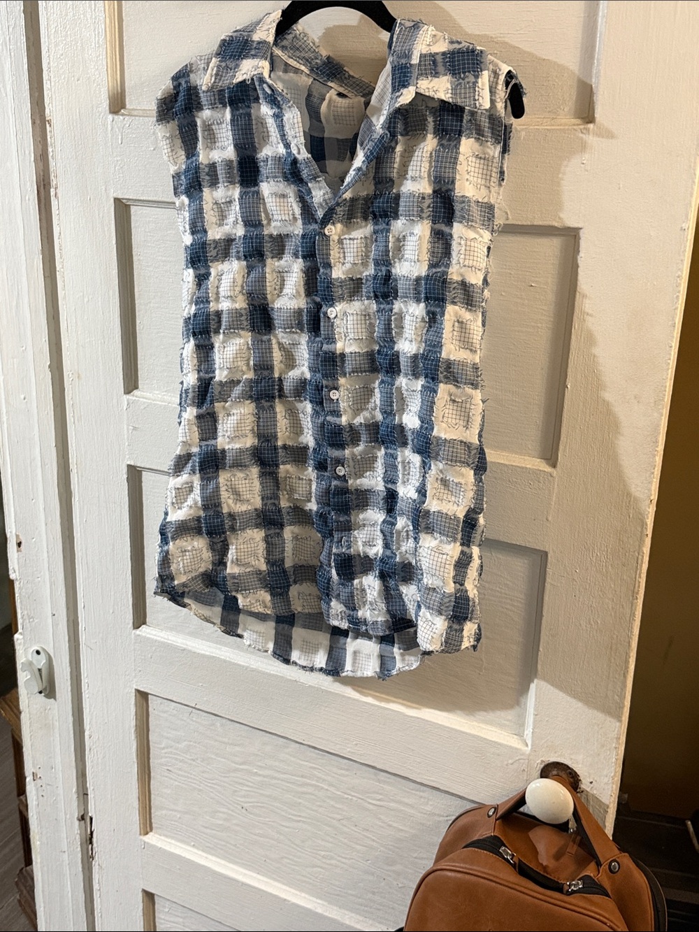 SHEIN Blue & White Sleeveless Check Button-Down Shirt